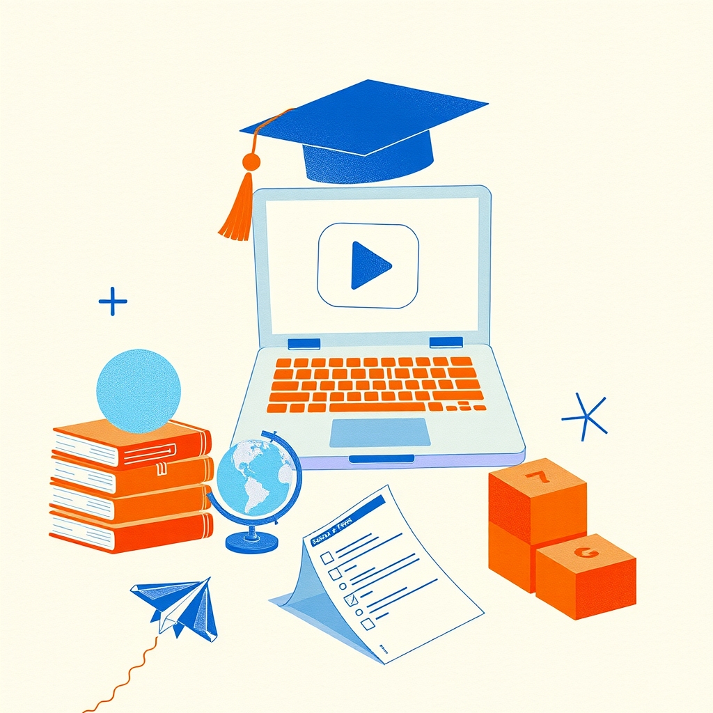 Cut-paper collage of books, pencils, a graduation cap on a laptop, a globe, a paper airplane and toy blocks in cobalt blue and orange on cream paper.