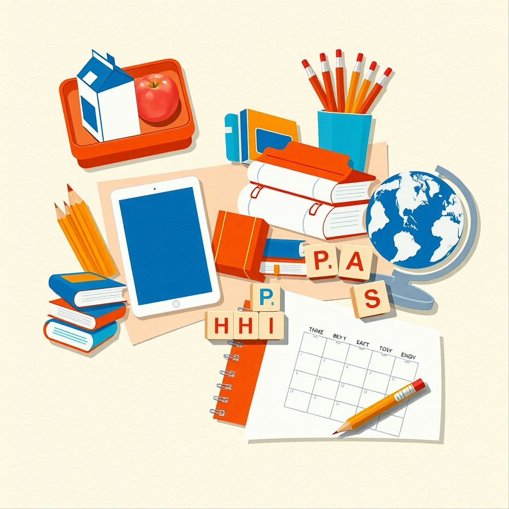 Cut-paper collage of a lunch tray, books, pencils, a laptop and tablet, a globe, toy blocks and a blank form in cobalt blue and orange on cream paper.
